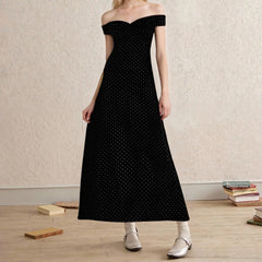Dotted Off Shoulder Wrap Around Open Back Long Dress