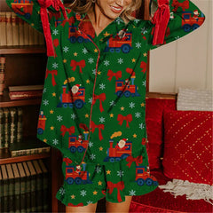Christmas Print Button Up Long Sleeve Top and Shorts Pajamas Sets
