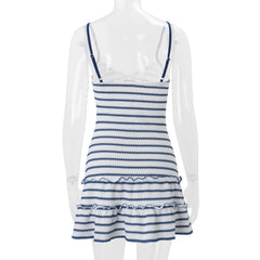 Blue and White Striped Spaghetti Strap Ruffled Mini Dress