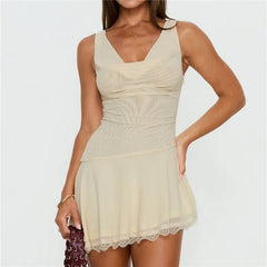 Beige Cowl Strapless Mesh Mini Dress