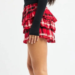 Plaid Print Layered Ruffle Mini Skirt