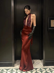 Burgundy Satin Sequin Plunge V-neck Drape Maxi Dress