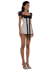 White Polka Dot Lace Sleeves Black Bow Mini Dress