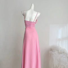 Pink V-Neck Spaghetti Strap 3D Flower Flowy Midi Dress