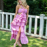 Ruffles Flowy Tiered Halter Tie Neck Maxi Dress