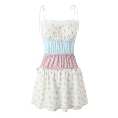 Floral Printed Patchwork Ruched Tie Up Strap Mini Dress