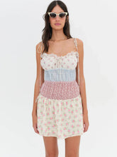 Floral Printed Patchwork Ruched Tie Up Strap Mini Dress