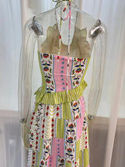 Halter Keyhole Ruffle Floral Patchwork Print Maxi Dress
