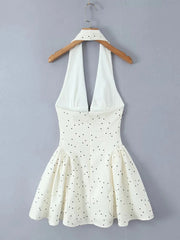 White Polka Dot Halter Bow Accent Waist Pleated Bodice Mini Dress