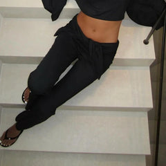 Black Cross Tied High Rise Long Pants
