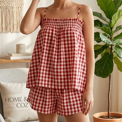 Gingham Babydoll Cami Tops And Wide Leg Shorts Set