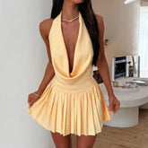 Tie-Up Halter Cowl Neck Mini Pleated Dress