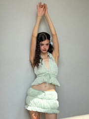Halter Ruched Tie Up Crop Top And Mini Skirt Set
