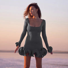 Long Sleeve Ruffles Hem Mini Dress