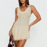 Beige Cowl Strapless Mesh Mini Dress