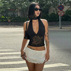 Wrap Around Halter Deep V Neck Sheer Lace Crop Top