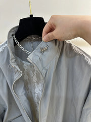 Lace Trim Stand-up Collar Zipper Jacket