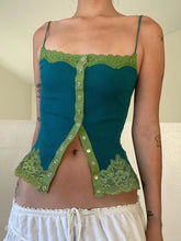 Blue Button Up Lace Trim Spaghetti Strap Crop Top