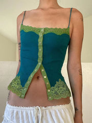 Blue Button Up Lace Trim Spaghetti Strap Crop Top