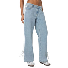 Low Rise Jeans Side Stripe Tie Bow Straight Leg Denim Pants