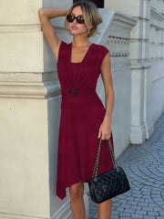 Buckle Wrapped Short Sleeve Midi Dress
