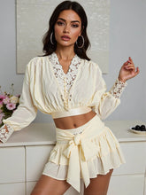 Deep V-neck Lace Patchwork Pearl Button Shirt And Frill Tie Up Skirt Set
