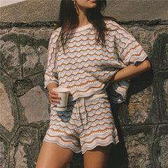 Wavy Stripe Knit Cropped Top and Drawstring Shorts Set