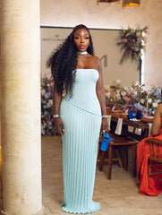 Blue Ribbed knit Strapless Long Dress