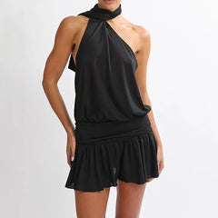 Backless Drape Halter Neck Open Back Mini Dress