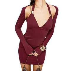 Deep V-Neck Halter Bodycon Mini Dress