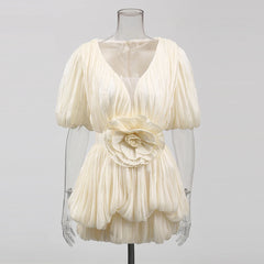 Ruched Deep V Neck Puff Sleeve 3D Flower Mini Dress