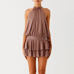 Ruffled Halter Neck Backless Metal Buckled Mini Dress