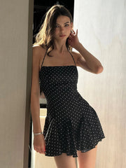 Black Polka Dot Print Halter Strap Mini Dress