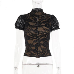 Black Lace High Neck Cut Out Short Sleeve Top