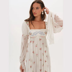 White Floral Square Neck Long Puff Sleeve Maxi Dress
