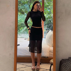 Polka Dot Mesh Top And Midi See-through Skirt Set