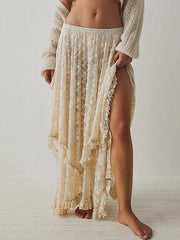 Lace Ruffle Sheer Asymmetrical Hemline Midi Skirt