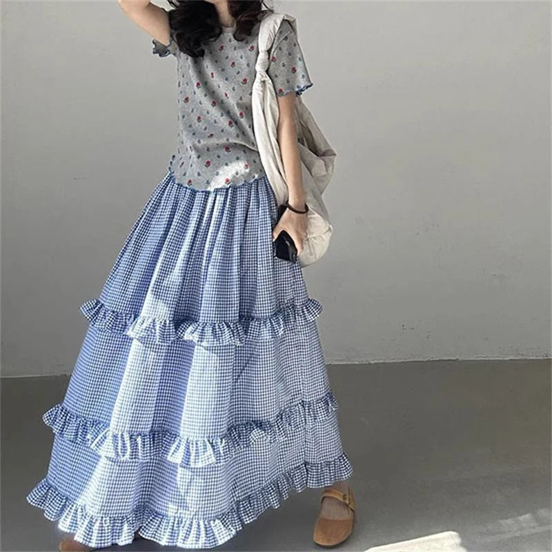 Women's blue ruffles plaid long skirt with A-line silhouette.
