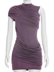 One Shoulder Round Neck Ruched Mini Dress