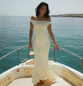 White Off-Shoulder Mesh Irregular Hem Midi Dress