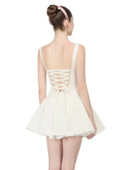 White Floral Printed Back Lace Up A-line Mini Dress