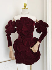 Velvet 3D Flower Strapless Mini Dress With Gloves