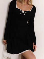 Black Square Collar Bowknot A-line Mini Dress