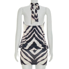 Zebra Printed Halter Metal Buckle Puff Hem Mini Dress