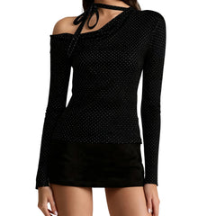 Tie-up Strap Dot Print Off The Shoulder Long Sleeve Top