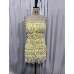 Yellow Ruched Tie Up Mini Tube Dress