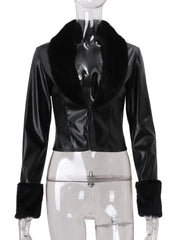 Black PU Fur Collar Short Jacket