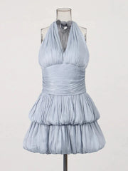 Blue Halter Tie Up Bubble Hem Mini Dress