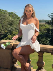White Puff Ruffle Strap Mini Dress