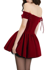 Red Spliced Bowknot Velvet Mini Dress